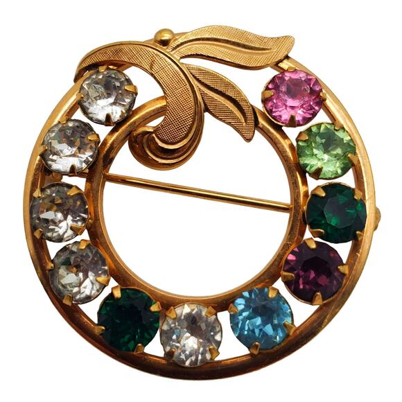 Van Dell Rhinestone Brooch Circle Round Multi Color Gold Filled 1/20 12K Pin - Picture 5 of 7